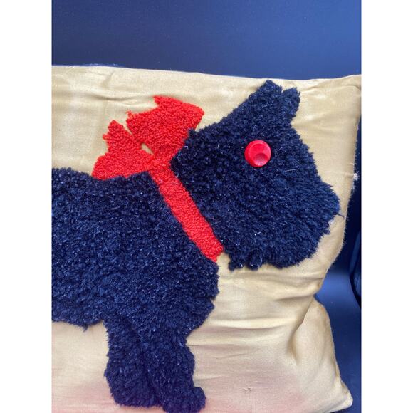 Vintage Hooked Wool Pillow Scottie Dog cream blue Velvet Holiday Decorative - Picture 3 of 5